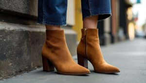 Stivaletti in suede a punta e jeans a gamba larga, l’opzione furba per slanciare la gamba